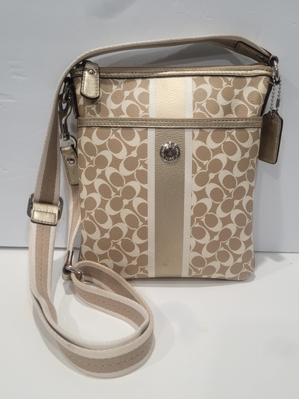 Coach Beige Signature Stripe Crossbody with Lilac Lining Good Cond